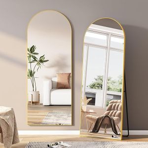 Espejo De Cuerpo Entero Arqueado,162x53cm Espejo Arqueado con Marco De Metal Dorado Espejo De Pie HD Espejo De Pie Grande Espejo De Pared con Ganchos,Espejo De Suelo Curvado Espejo Vestidor