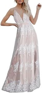 Dokotoo Womens Sexy V Neck Sleeveless Spaghetti Straps Elegant Embroidered High Slit Sheer Mesh Dresses Backless Maxi Long Formal Evening Party Prom Dress Bridesmaid Wedding Guest Dresses White Small