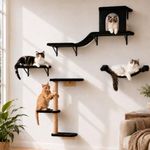 Cat Wall Shelves, 4 in 1 Cat Wall Furniture Set, Stable Wall Mounted Cat Climbing Frame Set for Indoor, Cats Tree with Scratching Post, Platform, Hammock & House for Sleeping Playing-Black