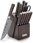 GreenPan x Bobby Flay 13 Piece Stainless Steel Cutlery Kitchen Knife Block Set, Premium Stainless Steel Blades, Acacia Wood Knife Block, Hand Finished Wood Handle, Damascus Steel Design