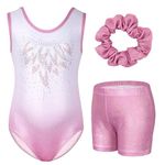 Gogokids Girls' Three-Piece Gymnastics Set, Sleeveless Leotards with Shorts and Hairband, Sparkling Ballet Dancing Unitards - Gymnastics Outfit with Gradient Color Design for 9-10 Years