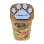 Personalised pet dog treats jars. Custom engraved borosilicate glass container with paw print lid and dogs name. Gift for dog lovers.