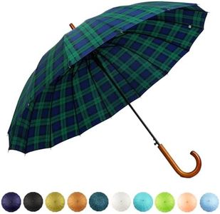 SoulRain 16 Ribs 48" Stick Umbrella Auto Open Solid Color Fashionable and Simple，Arc Classic Wood Handle，Windproof Unbreakable Stick Rain Umbrella (Grid Navy)…