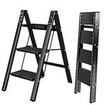 FEETE 3 Step Ladder, Lightweight Aluminum Folding Step Stool w/Wide Anti-Slip Pedal, 330 Lbs Capacity Sturdy Stepping Ladder, Safety Stepladder for Home, Office, Kitchen (3-Step Black)