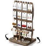 Yopay Bracelet Display Stand Wooden, Two-Sided Earring Display Stand with 32 Hooks and 2 T-Bars, Necklace Jewelry Organizer Rack Holder for Keychain, Store, Home Decoration, Brown Color, 17" H x 9" W