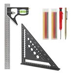 Carpenter Square Set, Set Square Tool incl 12inch/300mm Combination Square with Spirit Level, Speed/Rafter Square 180mm/7inch, Carpenter Pencil with 12 Refills & Carbide Scribe - for Measure Mark