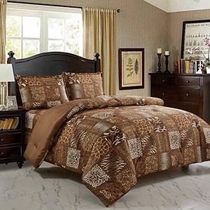 WPM WORLD PRODUCTS MART 3 Piece Animal Print Comforter with Pillow Sham, Chocolate Brown Leopard Zebra Giraffe Jungle Forest Theme Design Queen Size Bedding- Safari (Brown, Queen)
