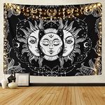 Sevenstars Sun and Moon Tapestry Burning Sun with Star Tapestry Psychedelic Tapestry Black and White Mystic Tapestry Wall Hanging（82" x 59"）