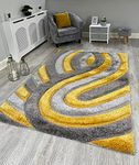 NEW MUSTARD OCHRE GREY SILVER SILKY SOFT SHAG PILE RUG SWIRL DESIGN CONTEMPORARY SHAGGY MAT (120X170CM)