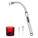 Lucky Sue Candle Lighter, USB Rechargeable Electric Lighter, Windproof Flameless Arc Lighter with Flexible Neck and Hook, Long Lighter for Kitchen Gas Stove Camping BBQ Outdoor Fireworks (Silver)