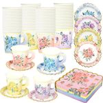 40 Set Floral Tea Cups and Saucers Disposable Tea Party Supplies Colorful Flower Teacups with Handle and Paper Napkins Dinnerware Set for Floral Theme Tea Party Birthday Wedding Bridal Shower Supply