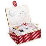 Navaris Sewing Box with Accessories - Sew Basket with Organiser Tray Compartments 24.5 x 17.5 x 12.5 cm - Includes 76 Piece Kit - Dotted Print, Red