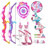 VATOS 2 Pack Bow and Arrow Toy with LED Light - 4 in 1 Archery & Dart Game Set with 20 Suction Cup Arrows, Mermaid Glow Target & Dart Board - Indoor/Outdoor Birthday Gift for Girls Boys Kids Ages 5-12