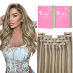 YoungSee Clip in Extensions Highlight Clip on Hair Extensions Human Hair Brown with Blonde Highlights Soft Clip in Hair Extensions Real Human Hair Blonde Hair Extensions Clip ins 16Inch 7Pcs 120G