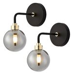 firstchoicelighting Pair of Retro Modern Design Black Wall Lights Black Wall Lights Smoked Glass Shades Brass Details LED Compatible