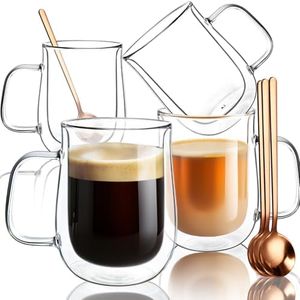COMOME 470ml Double Walled Glass Coffee Cup, Set of 4, Glass Coffee Mugs, Tea Coffee Cups with Handles for Espresso, Cappuccino, Latte, Tea Bag, Hot Beverages.