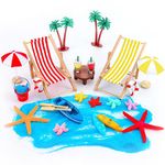 Minatee 25 Pcs Beach Miniature Dollhouse Decoration, Umbrella Palm Chair Miniature Toys Garden Decorations Dollhouse Outdoor Accessories Beach Decorations for DIY Garden Plant Pool (Red, Yellow)