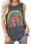 CHICALLURE Womens Tank Tops Summer Sleeveless Graphic Camisole Shirt Causal Loose Fit Beach Blouse（Deep Grey Rainbow,L ）