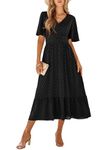 IFFEI Women Summer Maxi Dresses V Neck Chiffon Ruffle Sleeve Swiss Dots A-Line Dress Stretchy High Waist Flowy Dress Black