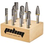 Pilim Tungsten Carbide Burr Set 1/4" Shank 10PC Double Cut Rotary Cutting Burrs Die Grinder Bits for Steel and Wood Working, Grinding, Carving, and Engraving