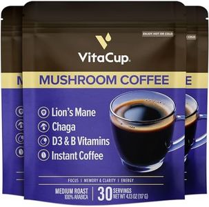 VitaCup Mushroom Instant Coffee | For Memory & Clarity Support | with Fiber, Chaga, Lion’s Mane | D3 & B Vitamins | Medium Roast 100% Arabica & Robusta Instant Coffee | 3 Bags, 90 Servings