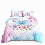 HOSIMA Butterfly Bedding Sets for Girls,Pink Butterfly Floral Duvet Cover Full Size for Girls Kids Women Bedroom Decor,Golden Star and Colorful Butterfly Pattern Bedding Set Full Size,Zipper Closure.