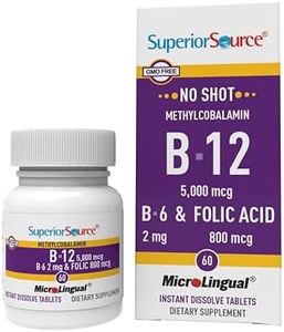 Superior Source No Shot Vitamin B12 Methylcobalamin (5000 mcg), B6, Folic Acid, Quick Dissolve Sublingual Tablets, 60 Ct, Increase Energy, Healthy Heart, Boost Metabolism, Stress Support, Non-GMO