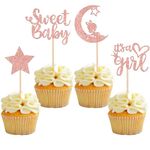 ZHUOWEISM 36PCS Baby Shower Girl Cupcake Toppers with Moon Glitter Star It's a Girl Sweet Baby Gender Reveal Cupcake Picks Baby Shower Kids Girls Birthday Party Cake Decorations Supplies Rose Gold