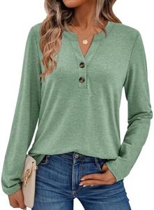 AUTOMET Long Sleeve Shirts for Women Blouses 2026 Fall Fashion Outfits Clothes Plus Size Dressy Casual Tops Trendy Henley Cute T Shirts Loose Fit Business Casual Work V Neck Winter Top LGreen XL