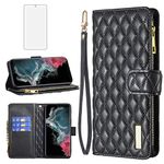 Asuwish Phone Case for Samsung Galaxy S22 Ultra 5G Wallet Cover with Tempered Glass Screen Protector and Leather Flip Credit Card Holder Stand Cell S22ultra 22S S 22 S22ultra5g 6.8 Women Girls Black