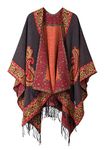 Women's Fashionable Retro Style Vintage Pattern Tassel Poncho Shawl Cape (series 2-Gray)