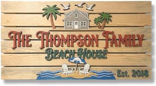 Personalized Beach House Sign Custom Family Name 3D Wooden Coastal Wall Art 40x20 Tropical Ocean Decor with Palm Trees Seagulls Est Year Gift