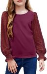 Arshiner Long Sleeve Shirts for Girls Casual Ruffle Cuffs Girls Tops Girls Long Sleeve Shirts Size 10-12 with Polka Dot,Girls Sweatshirt,Shirts for Teens Girls Claret