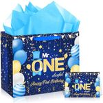 Blue Mr. Onederful Birthday Decorations Large Navy Blue and Gold Happy First Birthday Gift Bags with Greeting Card and Tissue Papers Bags for Boys Newborn Baby Shower 1st Birthday Party Decor Supplies