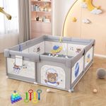 MONSTECH Large Baby Playpen 150x180cm Pit Balls Playpen for Baby up to 5 Years with Anti-Fall Rings, Safety Lock, Breathable Mesh, Kids Activity Center Play Pen (180-150-GreyPrinted)