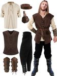 Suhine 6 Pcs Men's Halloween Renaissance Costume Set Medieval Vest Shirt Ankle Banded Pants Viking Belt Armband Pouch (Large)