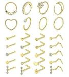 VCMART Nose Rings for Women 20g Nose Ring Stainless Steel Nose Rings Hoop L Shape Nose Studs Nose Screw Bone Gold Nose Piercings Pack for Women Men 28Pcs