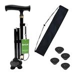 BeGrit Walking Stick for Elderly Foldable Walking Stick Durable Aluminum Adjustable Walking Cane with Quad Base Ergonomic Grip Free Standing Collapsible Walking Aid Black for Women Men Ladies