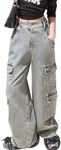 Bolknokin Girls Baggy Cargo Jeans Y2K Kids Wide Leg Hip Hop Loose Casual Trousers Size 6-14 Years, Blue, 11-12 Years