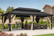 DWVO 12x20ft Hardtop Gazebo Double Roof with Nettings and Curtains, Heavy Duty Galvanized Steel Outdoor Vertical Stripes Roof for Patio, Backyard, Deck, Lawns, Brown