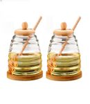 CASAZENITH Glass Honey Jar Dispenser with Wooden Lid Dipper Stick and Base Stand Transparent Ribbed Storage Container for Honey Syrup Liquid Pouring (550ml) (2)