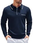 COOFANDY Mens Knit Polo Shirts Long Sleeve Casual Stylish Polo Tee Shirts Contrast Collar Sweater Polos V Neck Golf Shirts Blue