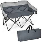 COSTWAY Double Folding Camping Chair, Padded Oversized Portable Loveseat with Armrest, Carry Bag, 2 Storage Pockets and Anti-Slip Feet, Garden Patio Fishing Beach Picnic Chairs (Gray)