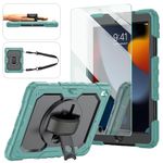 iPad 9th/8th/7th Generation Case, iPad 10.2 Case 2021/2020/2019, [Shockproof] ambison Full Body Protective Case with 9H Tempered Glass Screen Protector, Rotatable Kickstand/Hand Strap (Teal & Black)