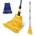 Masthome Industrial Mop with 2 Looped-end String Wet Mop Heads, Kentucky Cotton Floor Mops with 53.5'' Stainless Steel Handle and Jaw Clamp