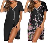 Ekouaer Nightgowns for Women 2 Pack Button Down Sleepshirt Short Sleeve Nightshirt Soft Sleepwear V Neck Pajama Dress, Black/Pink Flower, Large