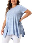 Agnes Orinda Shark Bite Tops for Women 2024 Plus Size Round Neck Irregular Hem Short Sleeve Knit Top, Blue, 4X