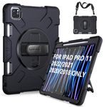 SUPFIVES iPad Pro 11 Case 2021 with Pencil Holder, Upgraded Military Grade Shockproof Protector Silicone Cover+ Handle+ Shoulder Strap+ Rotating Kickstand for iPad Pro 11 inch 3rd Gen 2020/2021, Black