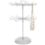 MyGift Rotating 2 Tier Jewelry Organizer, Vintage White Metal Spinning Jewelry Display Stand Necklace and Bracelet Holder with 24 Hooks and Top Handle Card Holder