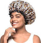 mikimini Leopard Medium Shower Caps Pack of 2,Shower Cap for Girls and Women with Black Lace,Reusable Waterproof Shower Hat for Girls